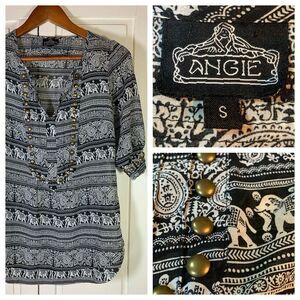 Angie Flowy Elephant Blouse Women Small Black Paisley Brass Embellishment Office